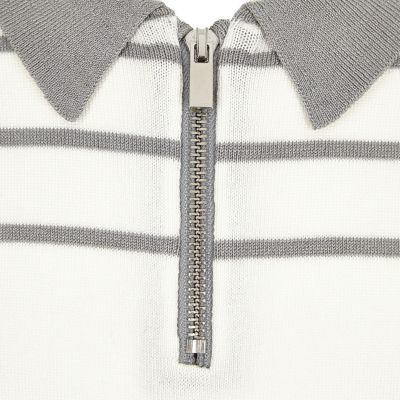 Boys white stripe knitted zip polo shirt